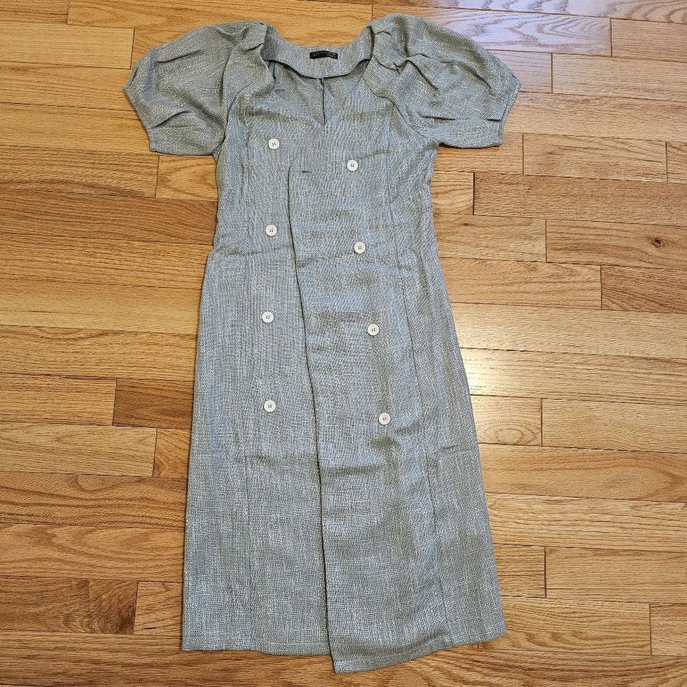 DAZY Solid Double Breasted Puff Sleeve Dress